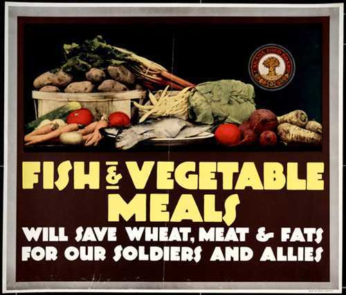 Affiche illustrée en couleur – Image d’une sélection de poissons et de légumes avec l’emblème de la Commission canadienne du ravitaillement